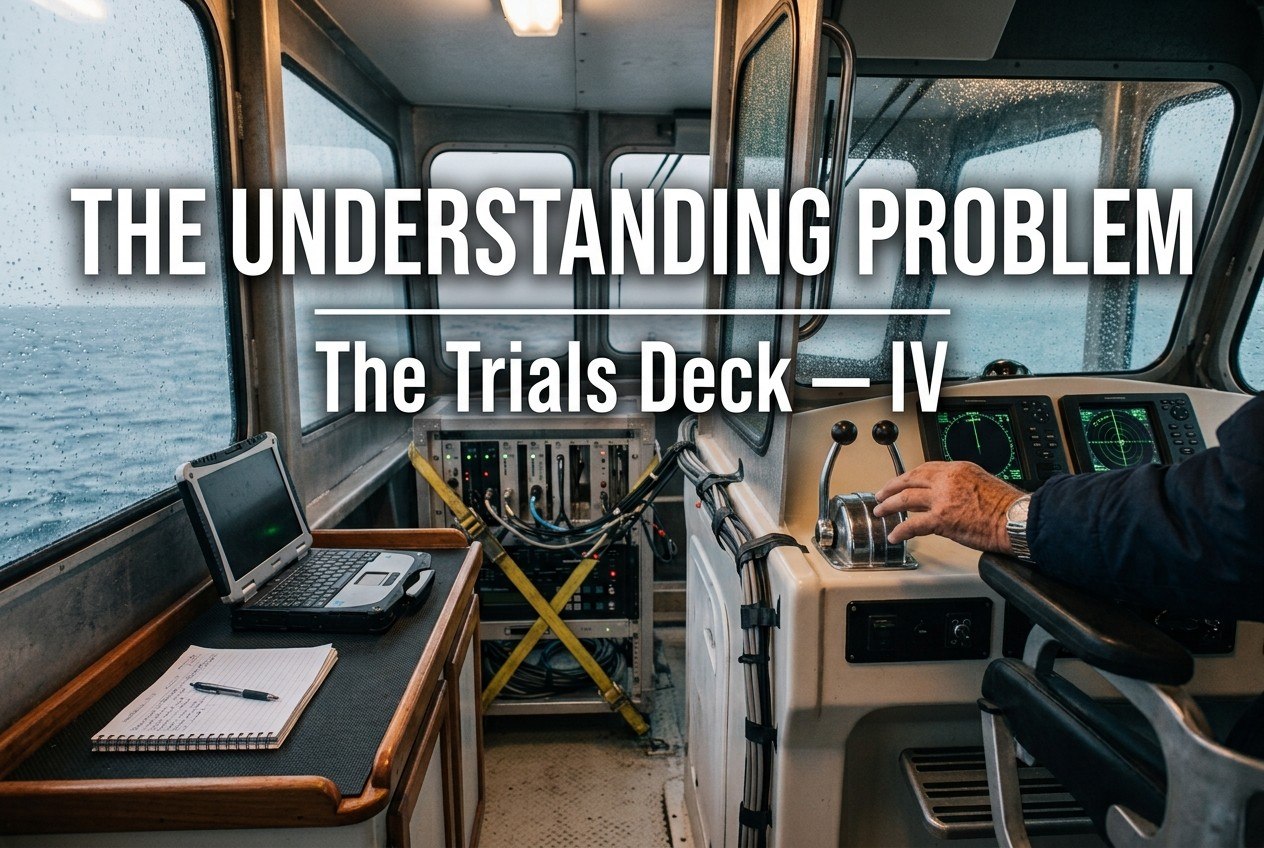 The Understanding Problem — instrumentation, a rugged laptop, and a notebook in a wheelhouse with an operator's hand on the throttle.